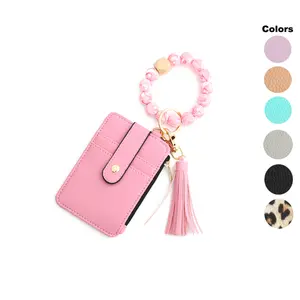 Boho Style Beaded & Tassel Decor Keychain Wallet Wristlet Small Credit Card Holder Bracelet Key Chain Purse Bangle Tassel Beads Key Rings for Women Trendy All-match Keychain for Birthday Gift