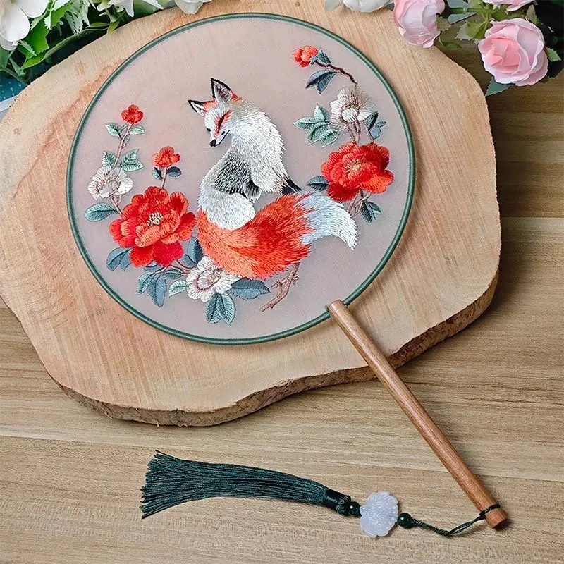 Handmade Circular Embroidered Hand Fan - Rose and Flower Design Traditional Chinese Decorative Collectibles, 4-Piece Home Office Decor Item