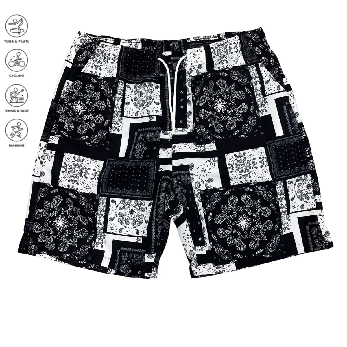 Menswear Western Retro Bandana Print Outdoor Casual Shorts with Breathable Drawstring for Skate & Streetwear, Breathable Drawstring Shorts, Western Retro Style, Stylish, Men's Size, Fitted, Xl, Fitted Cut