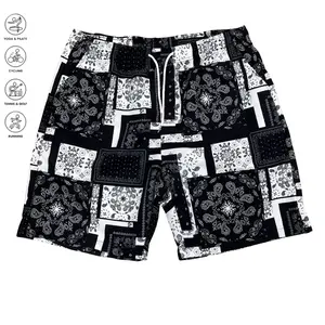 Western Retro Style Men's Casual Shorts - Black & White Bandana Pattern, Versatile for Skate & Daily Outfits
