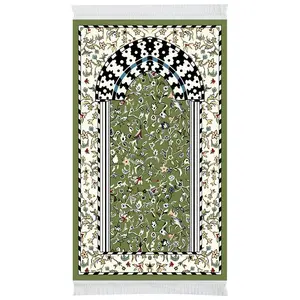 Rawdah Mehrab Floral Islamic Prayer Mat – Olive Green Arch Design | Stylish Rugs & Carpets