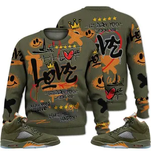 5 Retro Olive Ugly Sweater, Olive 5s Shirt, Happy Love Beats Graffiti Outfits Streetwear Unisex Sneaker Matching Shirts Acrylic Fabric Menswear Hoodie