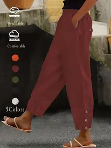 Women's Casual Linen Woven Harem Trouser Pants, Womenswear, Breathable, Lace Details, Bright Colors, Elastic Waistband, Summer, Perfect Vacation, Multiple Sizes Available, Feminine