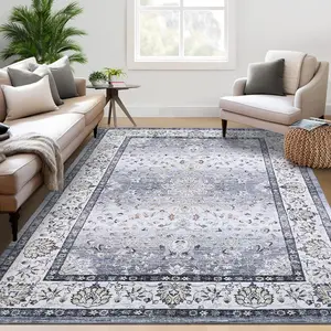 Garvee Washable Rugs 8 x 10 Rug for Living Room Boho Vintage Area Rug for Bedroom Indoor Floral Distressed Large Rug Soft Non Shedding Stain Resistant Carpet for Dining Room Office Rug 8'x10' Grey