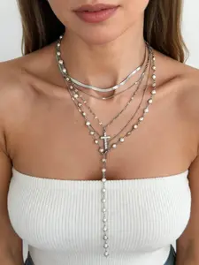 Four-Layer Cross Fashion Necklace Set, Y-Shape Pendant Jewelry, American Style Bold Necklaces, Trendy Layered Accessories for Women