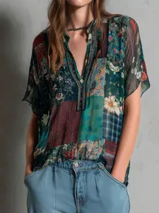 Women's Vintage Patchwork Floral Print Chiffon Shirt, Comfortable Breathable Short Sleeve Blouse