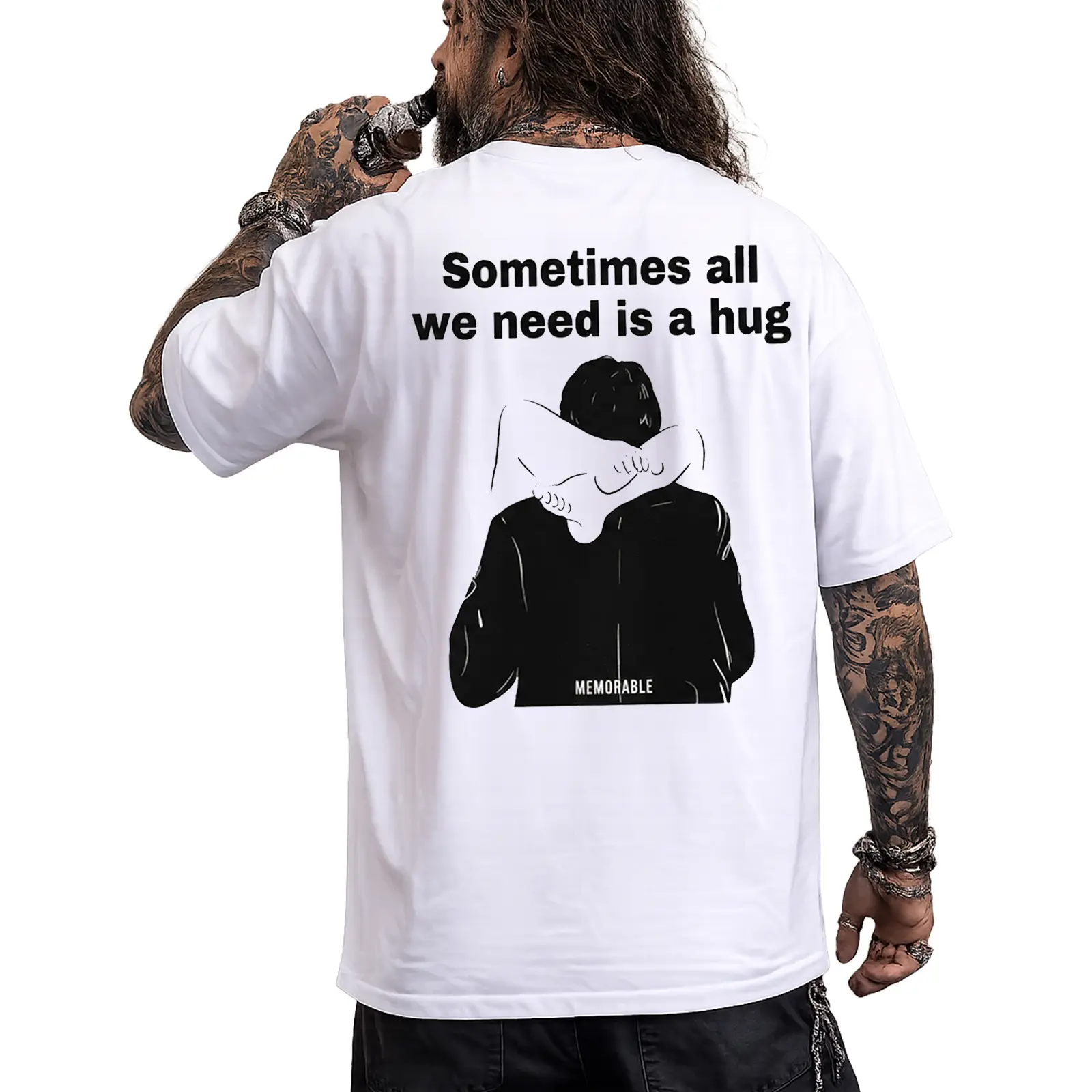 Unisex Cotton T-Shirt with 'Sometimes All We Need Is a Hug' Graphic, Personalized Cloud-Soft Shortsleeve Tee, Trendy Perfect Gift, Tshirt, Matching, Menswear, Casual, Breathable, Full Size Range, Women, Fabric, Gym, Natural, Outdoor, Round Neck, Vintage,,