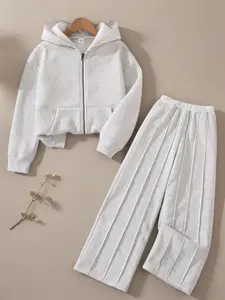 Girls' Fleece Lined Hooded Sweatshirt Set, Basic, Long Sleeve Zipper Design, Fitted, Elastic Waist Pants, Casual Comfortable, Clothes