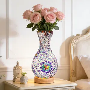 5.1 Inch Vintage Mosaic Glass Vase Table Lamp, 3-Color Dimmable LED with USB Port, Wooden Base Decorative Lamp for Bedroom Nightstand Living Room Entryway
