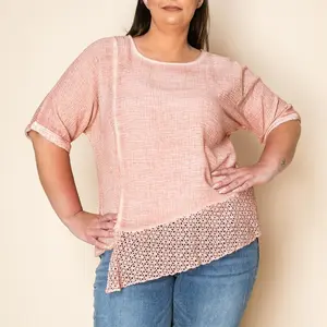 Pluse Size, Urban Diction Crochet Tunic Blouse with Asymmetrical Hem and Cuffed Sleeves, Spliced Front Womenswear