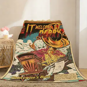 IT Pennywise "Welcome to Derry" Comic Flannel Fleece Blanket Retro Horror Design Featuring Pennywise the Clown Eerie Derry Branding Thematic Details Cozy Striking Perfect for Binge-Watching Moments