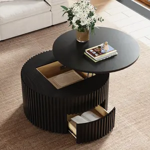 Mid-Century Modern Wood Coffee Table 39" Lifting Top Round with Hidden Storage & Drawer, Black Color, Plywood Construction, Flexibly Adjustable Height, Living Room Furniture