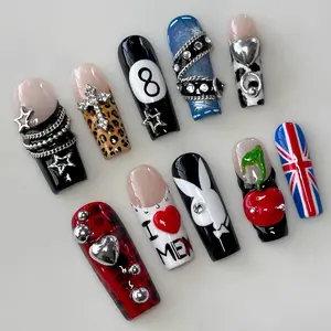 Edgy Y2K Press On Nails – Graphic Black Red Nails With Cherry Design And Metallic Details