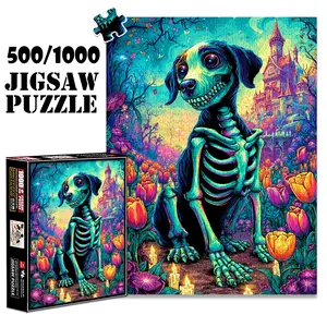 1pc 1000 piece adult puzzle 70x50cm Skeleton Dog in a Magical Flower - Filled Landscape with Castle500 pieces of paper jigsaw puzzle, suitable for adults and families, large-scale DIY puzzle inter