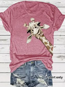 Women's Casual Short Sleeve T-Shirt, Cartoon Giraffe Print, Soft Breathable Fabric, Round Neck, All Seasons