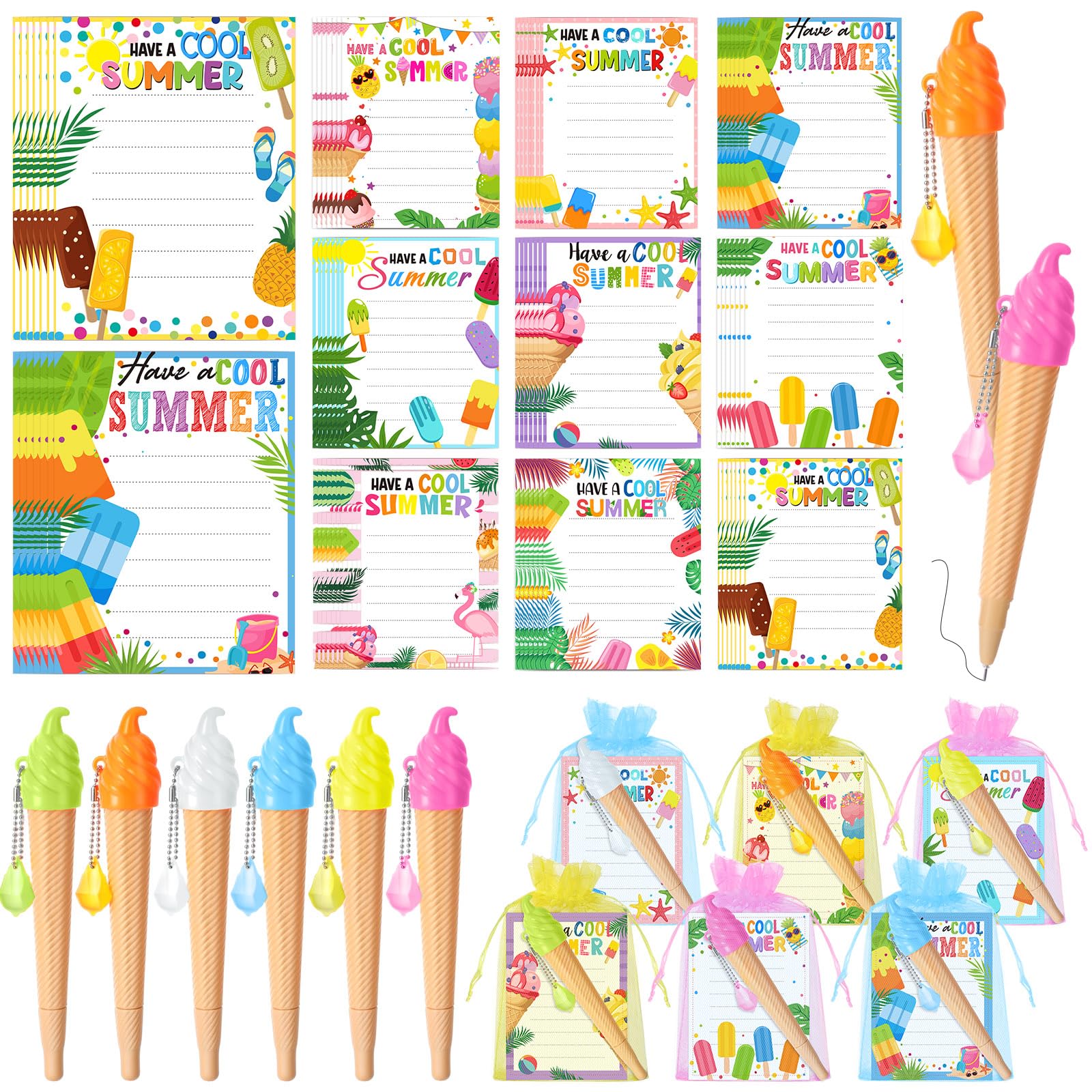 End of Year Gifts for Students Bulk Summer School Party Favors Ice Cream Pens Cards Plastic Cups with Lids for Elementary Preschool Girls and Boys Graduation Classroom Exchange Prizes Party Favors Goodie Bag Fillers Exchange Gifts Rewards