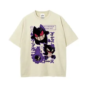 Unisex Anime Pocket Monsters Japanese Text Print Washed T-Shirt,Summer Casual Cotton Shirt