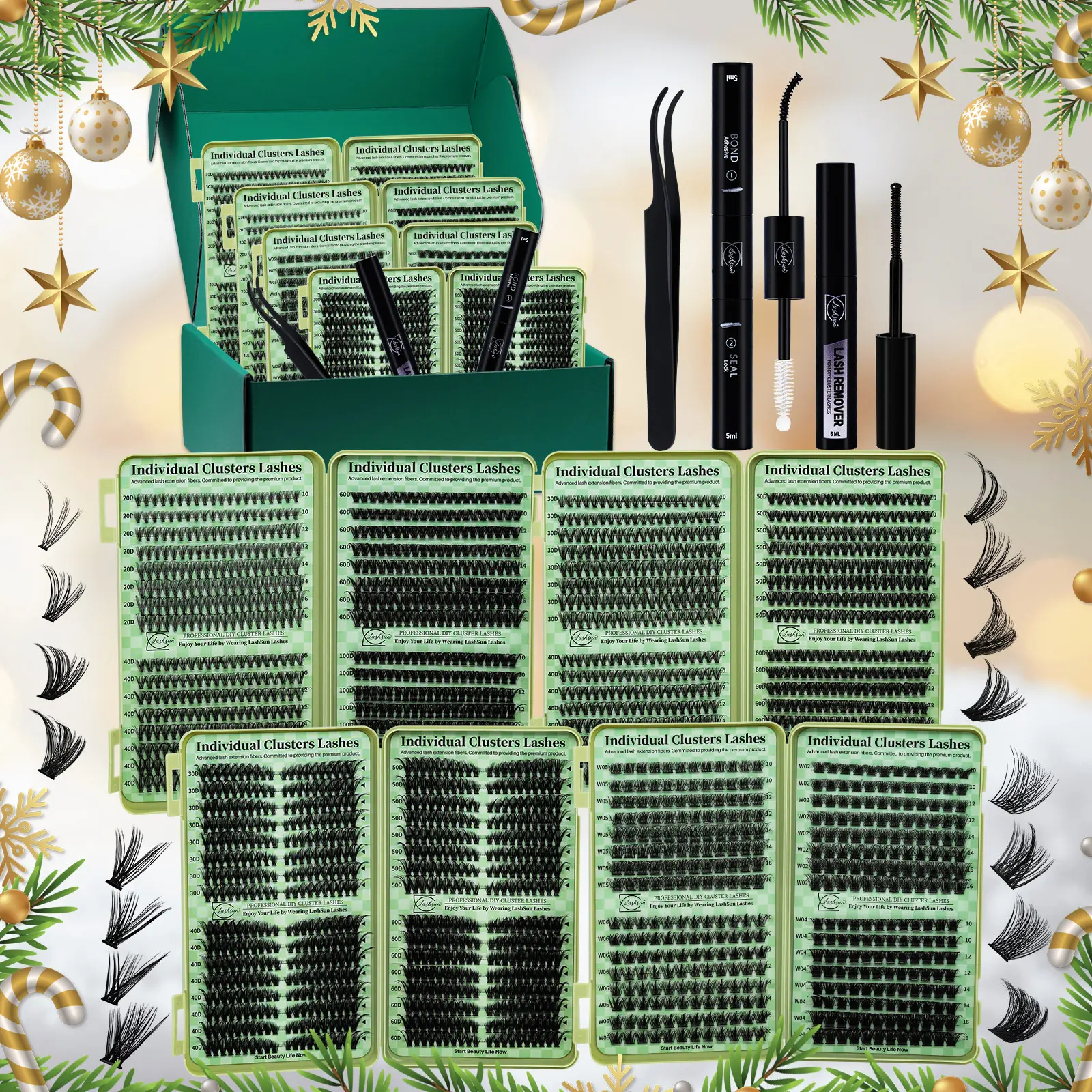 LASHSUN Eyelash Extension, Diy Cluster Lashes, Diy Eyelash Extensions, 2304PCS Individual Lash Clusters 14 Styles Mixed 10-16mm Cat/Wispy Lashes Kit with Bond&Seal Lash Remover Tweezers, Beginners, Soft Comfortable Easy Apply, Eyelash Extension Set