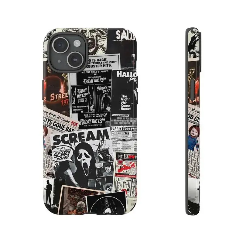 Vintage Horror Movie Collage Phone Case (Scream, Friday the 13th, Halloween), Retro Spooky Aesthetic, Tough Shockproof Protective Cover, Fan Gift, Compatible with iPhone 11-17 Pro MaxPlus and Samsung Galaxy S23-25, Acc