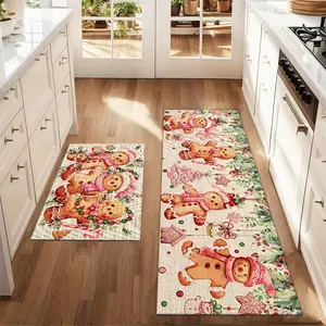 2Pcs Pink Gingerbread Man Christmas Floor Mat Set Farmhouse Kitchen Dining Room Flooring Laundry Room Decor Carpet Mat Home Decor Rugs