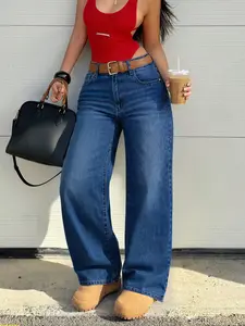 Women's High Waist Wide Leg Jeans Pants, Spring & Fall Casual Fitted Denim Jeans, Blue Washed Elasticity, Versatile Commuter Daily Wear