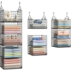 5 Tier Closet Hanging Organizer Storage, Separable Hanging Closet Shelves with 4 Hooks & 2 Adjustable Dividers, Wire Storage Basket Bins for Clothing Sweaters Socks Dolls Handbags, Foldable