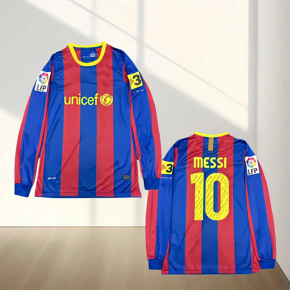 2010-2011 Season Home Barcelona Red and Blue Messi No. 10 Long Sleeve Comfortable Jersey