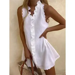 New women’s casual white cotton-linen summer V-neck ruffle sleeveless mini dress — elegant boho beach party style; also suitable as a long robe; comfortable basic minimalist design