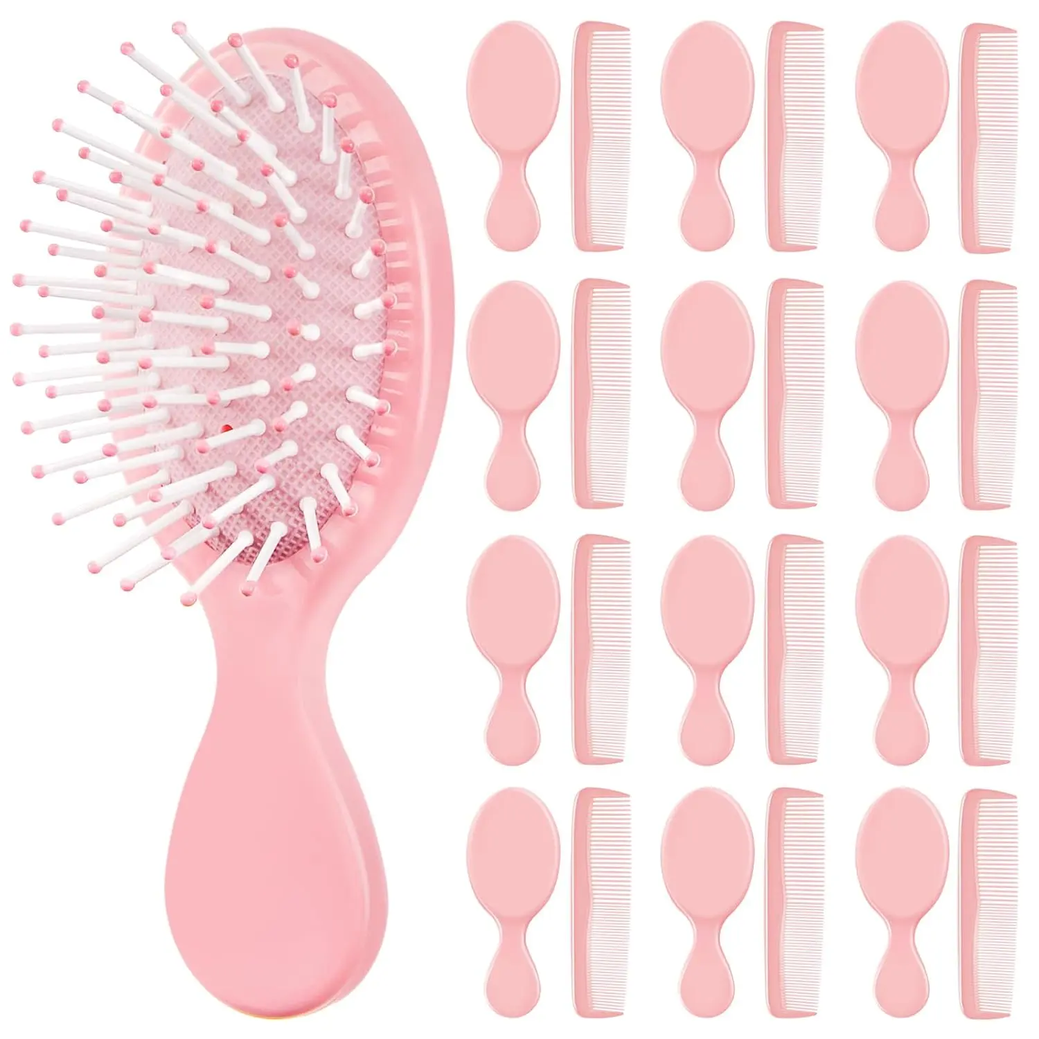 Women's 24-Pcs Pink Plastic Mini Hairbrush & Comb Set - Pain-Free Detangler Brush, Pocket-Size for Wet or Dry Use, Travel Favors, Sohochic Fashion Accessory