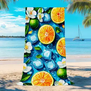 Ice Cool Citrus Ice Block Print Beach Towel, Quick-Dry Absorbent Multifunctional Bath Towel, Ideal for Beach, Pool, Bathroom, Outdoor Use