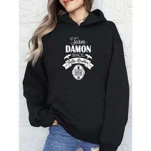 Women's Team Damon since Hello Brother Graphic Hoodie - Cotton Blend Black Long Sleeve Pullover Regular Fit | Soft & Breathable Fabric, Durable Print, Everyday Comfort, Machine Washable, casual fashion indoor portrait
