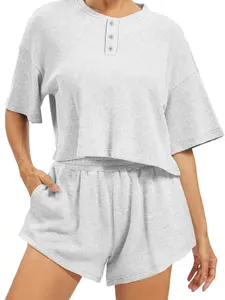 Women's Loose Fit Casual Waffle Knit Matching Set, Short Sleeve Sporty Top & High-Waisted Shorts, 2-Piece for Daily Wear, Everyday, Travel, Home