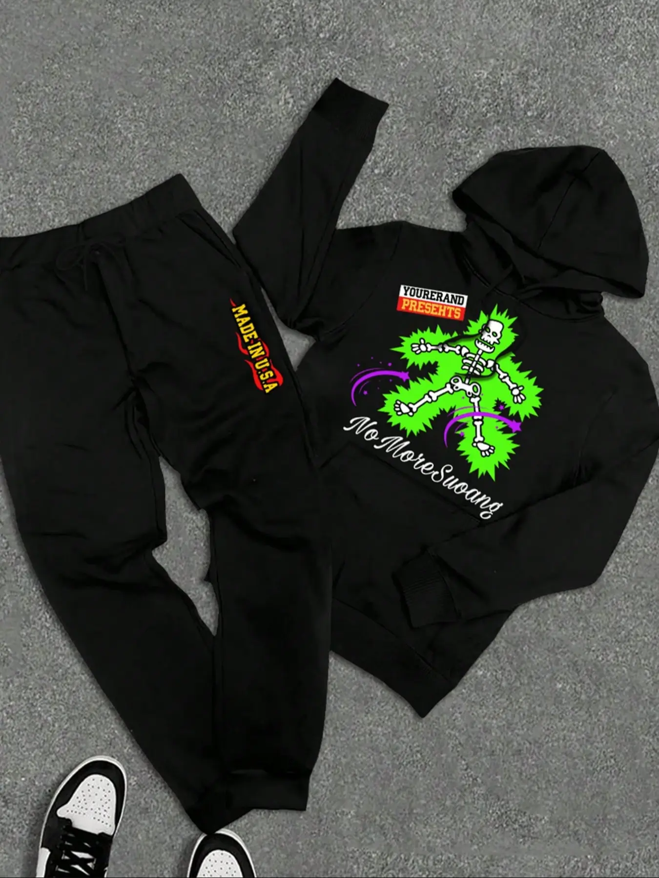 Men's Fall & Winter Y2K Gothic Streetwear Men Neon Green Explosion Skeleton Hoodie Vertical MADE IN USA Jogger Pants Matching Outfit, Oversized Warm Casual Tracksuit 2 Piece Set, Men's Fall Outfits & Winter Outfits