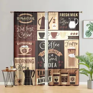 Coffee Pattern Door Curtain, 2 Counts/set Retro Coffee Pattern Door Curtain, Home Decorative Curtain for Living Room Bedroom Kitchen Bathroom Coffee Shop, Window Curtain