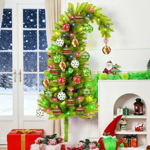 5 ft Whimsical Christmas Tree with Metal Base 21 Pcs Red and Green Ball Ornament Prelit Bendable Artificial Lime Green Xmas Tree with 1 String Light 50 Colorful Light Indoor Home Outdoor Decor