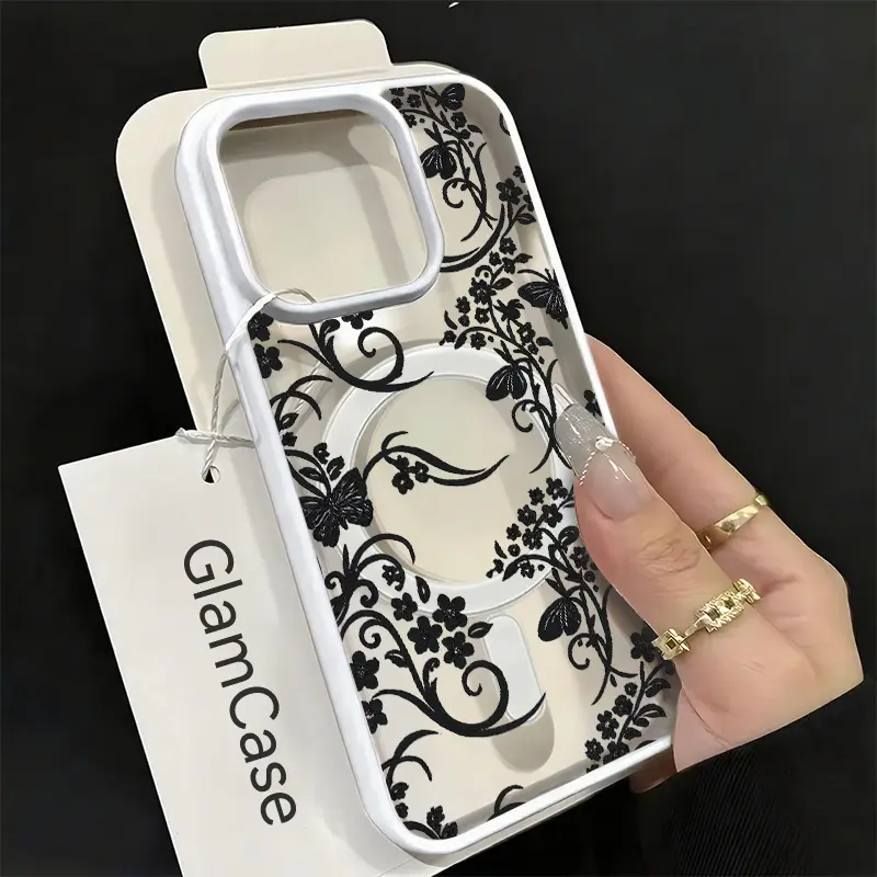 Magnetic Double-Sided Glossy Hard Acrylic Shell Black Flower Butterfly Phone Case - Elegant Vintage Nature-Style Anti-Drop Cover for iPhone 11-17 Plus Pro Max, Lovely Cellphone Accessory Gift (A17), Iphone 17, Adult