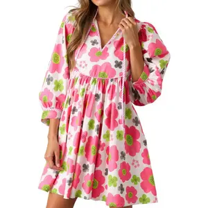 Fessceruna Womens Floral Mini Dresses 3/4 Balloon Sleeve V Neck Flowy Babydoll Dress Summer Beach Vacation Boho Outfits