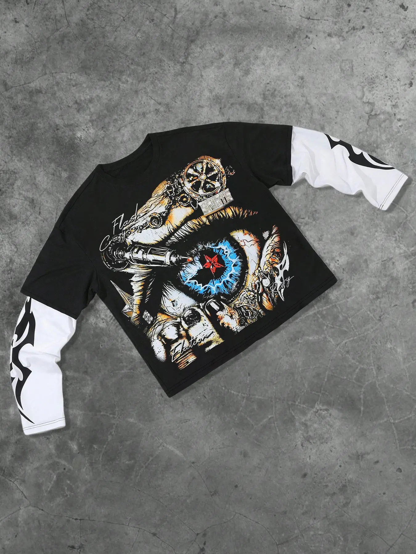 Two-Piece T-Shirt with Eye Print, Comfortable Fashion Trend, American Vintage Street Style, Fall & Winter Long Fitted Tee