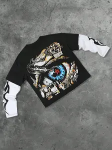 Two-Piece T-Shirt with Eye Print, Comfortable Fashion Trend, American Vintage Street Style, Fall & Winter Long Fitted Tee