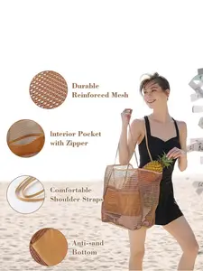 Women's Beach Bag, Casual Hobo Pool Bag with Zipper Inner Pocket, Foldable Swim Tote for Vacation Essentials, Stylish and Practical