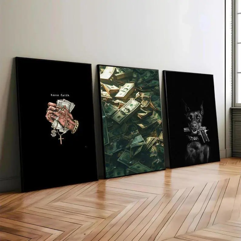 3 Count/Set Hip Hop Money Wall Art Set of 3 Gangster Dog Poster Luxury Cash Stack Canvas Digital Streetwear Rap Decor unframed wall art decor Artwork Hand No Frame