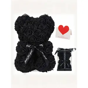 Handmade Eternal Flower Rose Teddy Bear Gift Box, Ideal for Couples, Valentine's Day, Anniversary, Birthday, Halloween, Christmas, 10 Inch