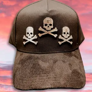 Lonche Skulls F.E.S Hat with Rhinestone Embellishments Brown Suede Baseball Cap for Men Women