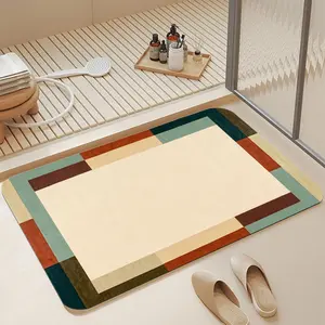 Mid-Century Modern Earth Tone Color Block Diatomaceous Earth Bath Mat, 16*24 Inch |   Ultra Fast Absorbent Quick Dry Non Slip Anti-Mold Soft Diatomite Shower Floor Mat Easy Clean Stylish Retro Geometric Bathroom Decor for Home & Apartment