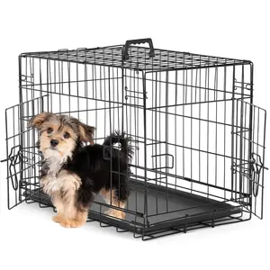 Dog Crate with Double Doors - Enhanced Metal Foldable Pet Cage with Divider Panel & Removable Tray, Portable Extra Large Kennel for Black24- 48 Inch