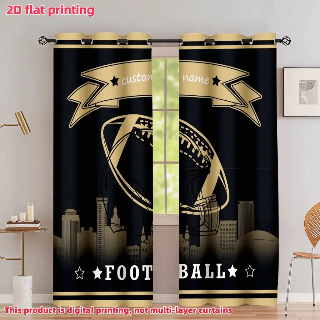 2D Flat 2Pcs Black and Gold Football Theme Window Curtain, Skyline Design, Custom Name Banner, Semi Sunshade, for Home Living Room, Bedroom, Balcony, Decoration, Anti Privacy