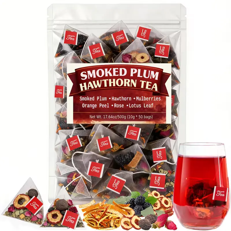 25/50 Count Smoked Plum & Hawthorn Tea Bags, Fruity Herbal Blend with Hawthorn Slices, Mulberry, Rose Petals and Lotus Leaf, Caffeine-Free Hot or Iced Tea, Holiday Gift