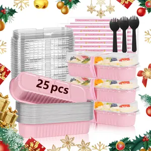 25 Pack Mini Loaf Pans with Lids and Spoons Sealing Sticker, 6.8oz Mini Cake Pans for Baking, Disposable Mini Aluminum Foil Loaf Pans, Pink Mini Loaf Baking Pans, Small Cake Containers With Lids