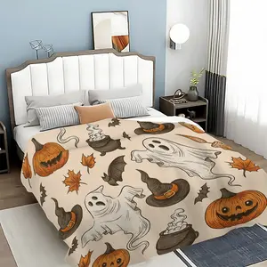 Halloween Flannel Blanket with Pumpkin Hat & Bat Design, Soft Comfortable Travel Sofa Bed Office Home Decor Gift, Casual Style