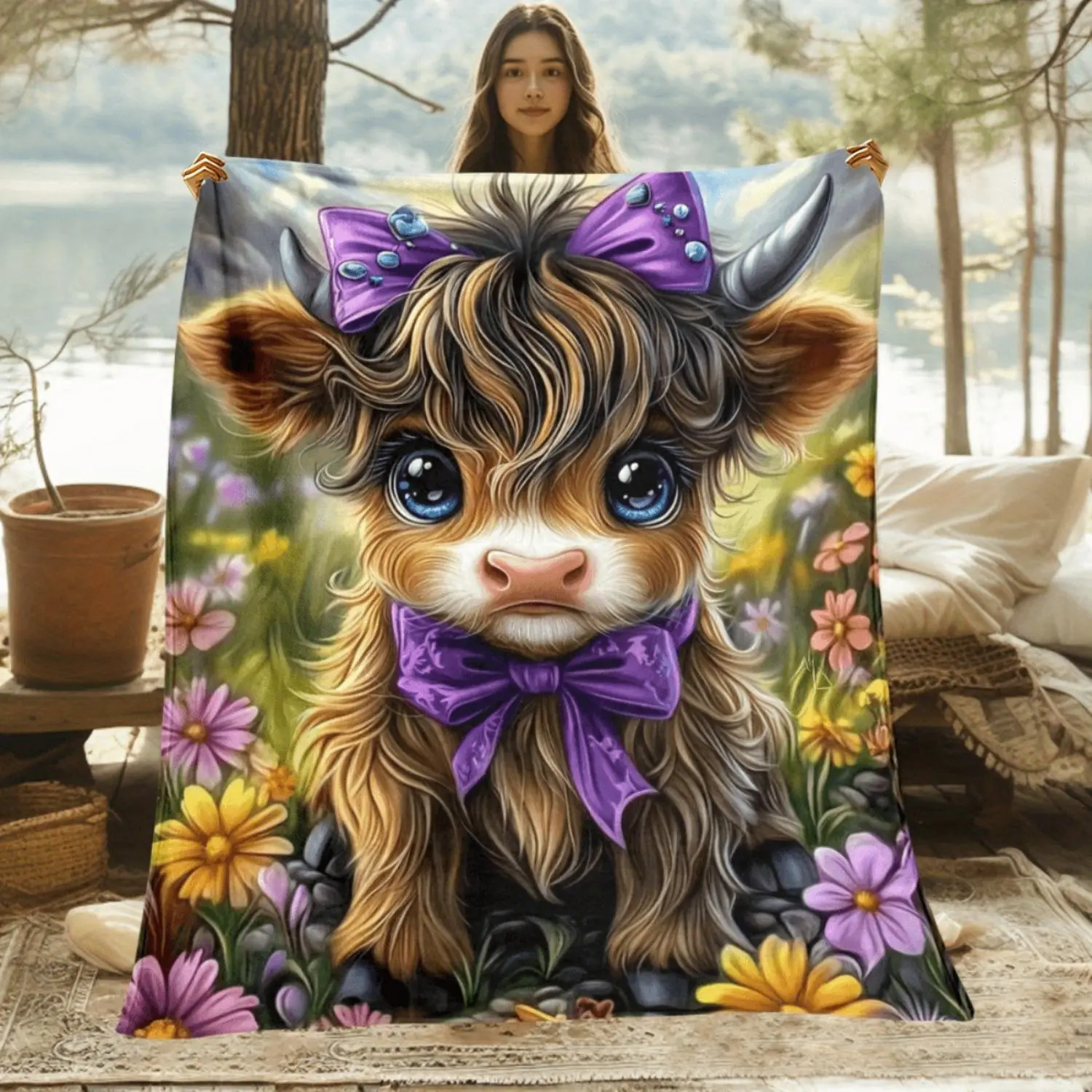 1pc Highland Cow with Purple Bow Blanket- Lightweight Flannel Throw for Sofa, Outdoor, Camping, Livingroom, Office, Chair, And Bed - Digital Printing Soft And Warm Flannel Blanket Warm Winter Warmth